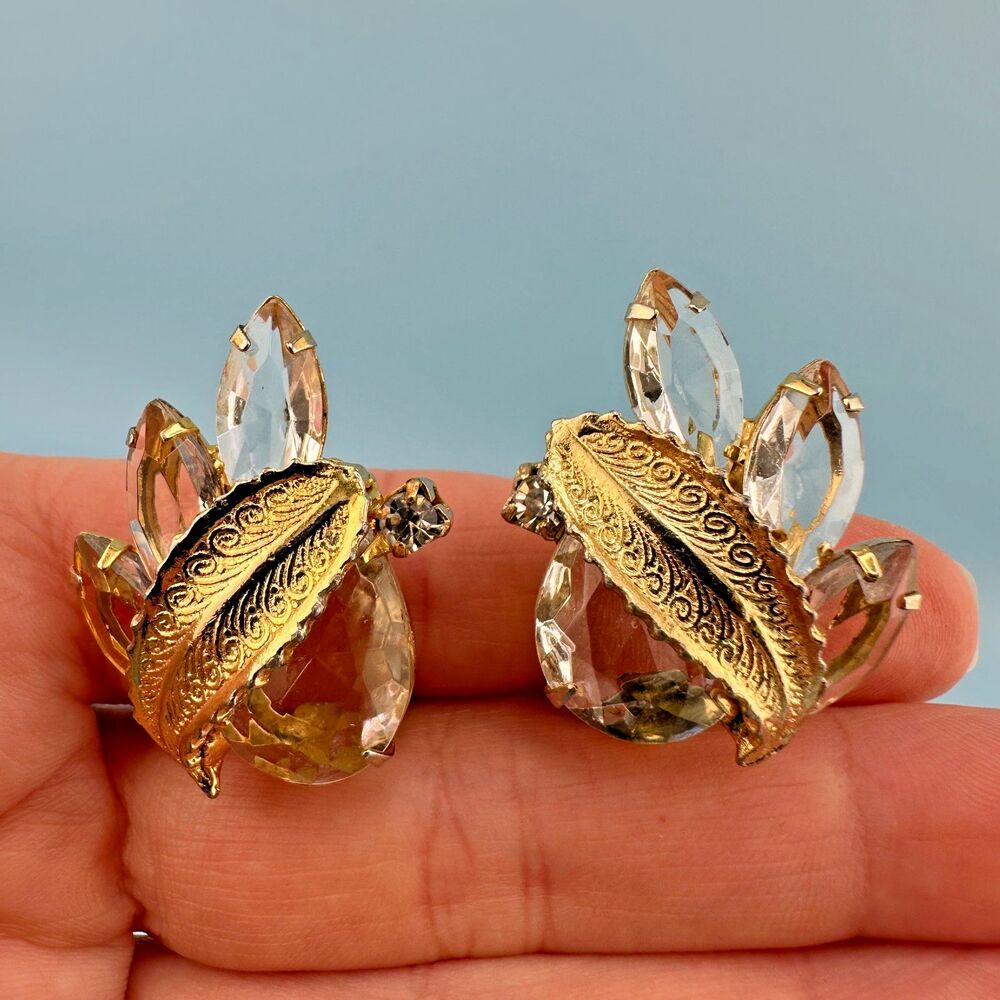 Vintage Rhinestone Earrings Clear Crystal Prong Set Open Back Gold Tone Clip On